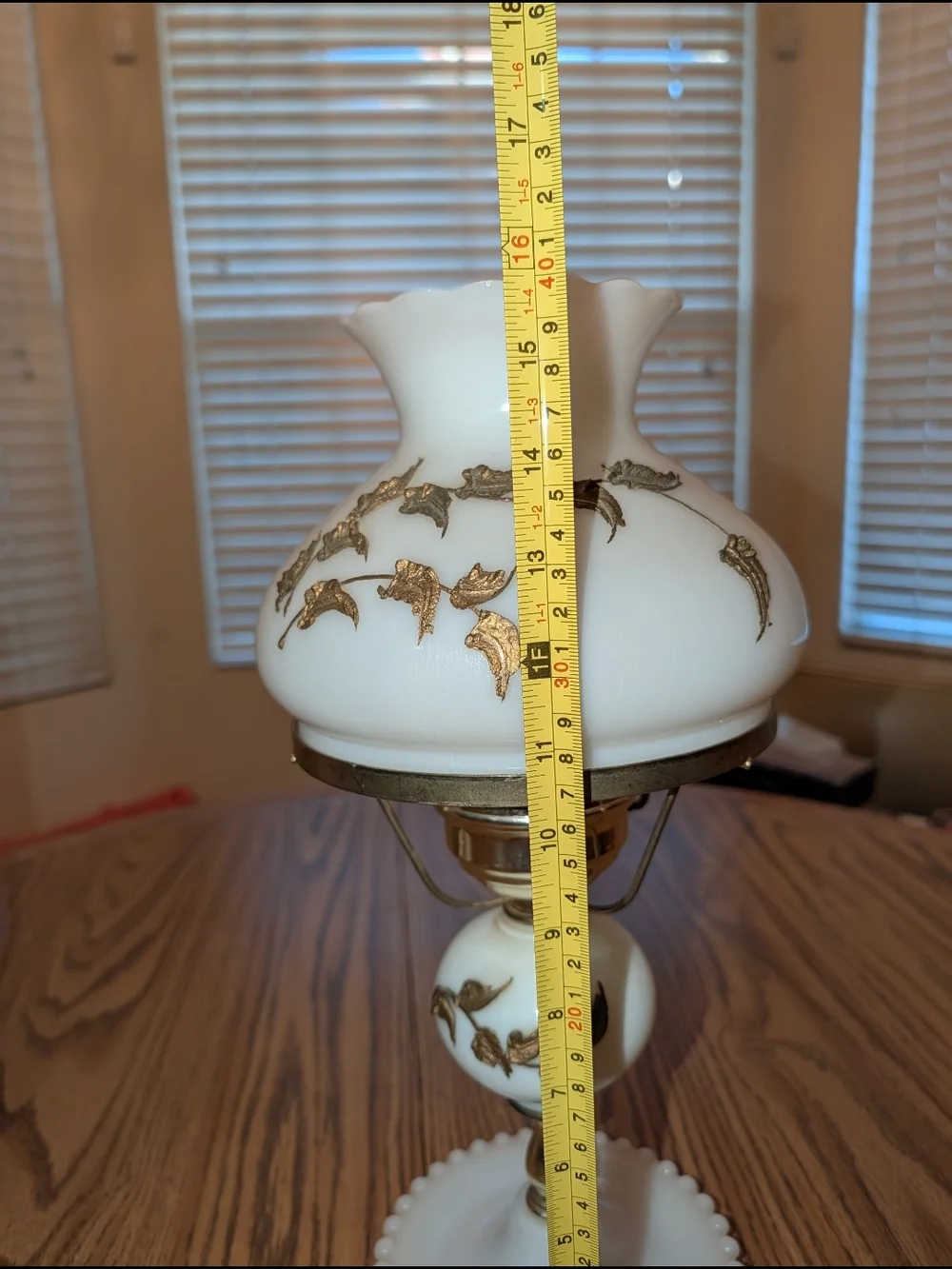 Vintage White Milk Glass Table Lamp with Gold Leaf Accents